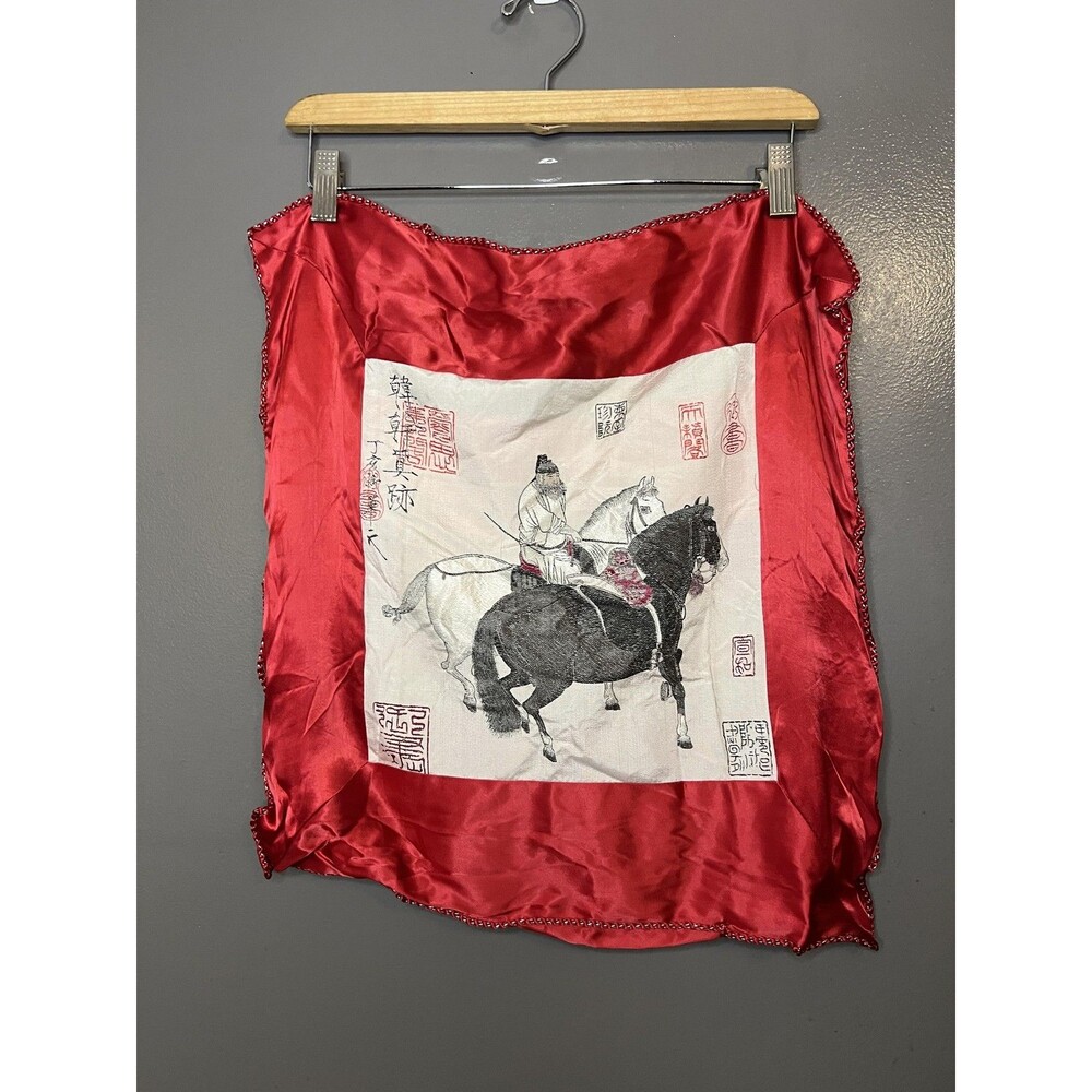 Red Silk Throw Pillow Cover Embroidered Chinese Horseman Zipper Back Beaded
